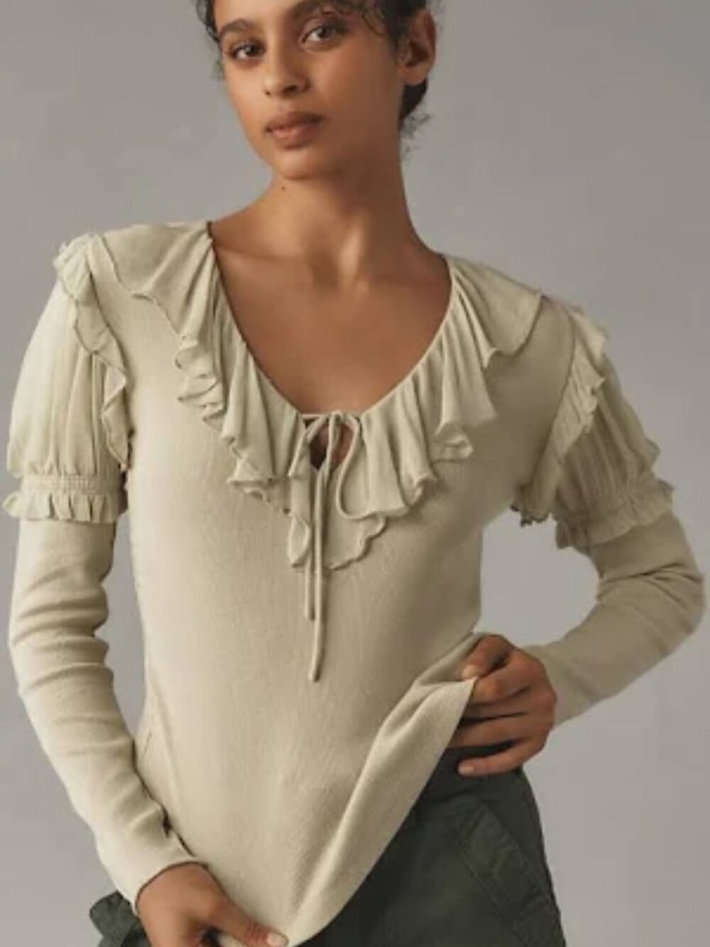 Anthropologie Blouse Coquette Ruffle Sleeve Ribbed Knit Top Cotton Stretch  XL